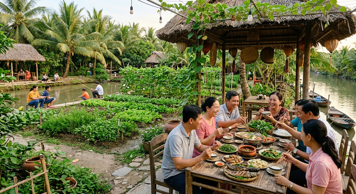 Khám phá không gian sân vườn và nét đặc trưng ẩm thực đồng quê Bến Tre